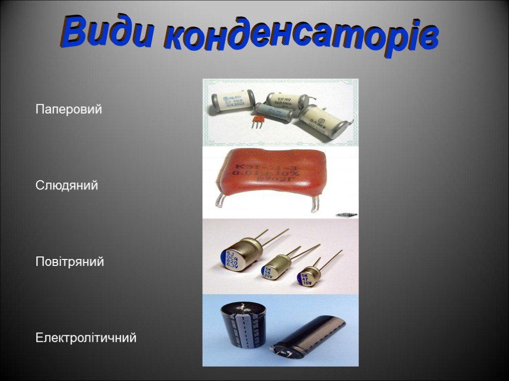 Види конденсаторів Паперовий Слюдяний Повітряний Електролітичний